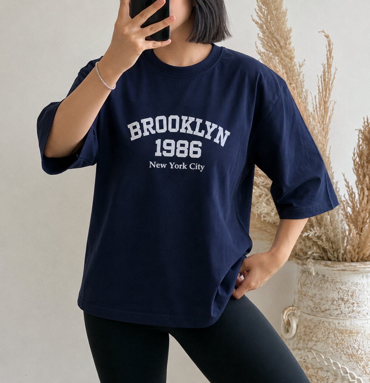 تیشرت پنبه قواره دار لانگ زنانه چاپ BROOKLYN