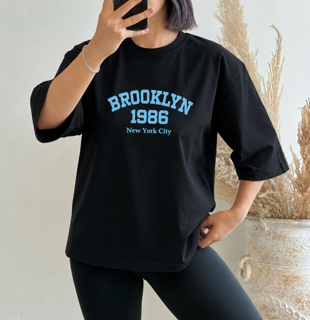 تیشرت پنبه قواره دار لانگ زنانه چاپ BROOKLYN