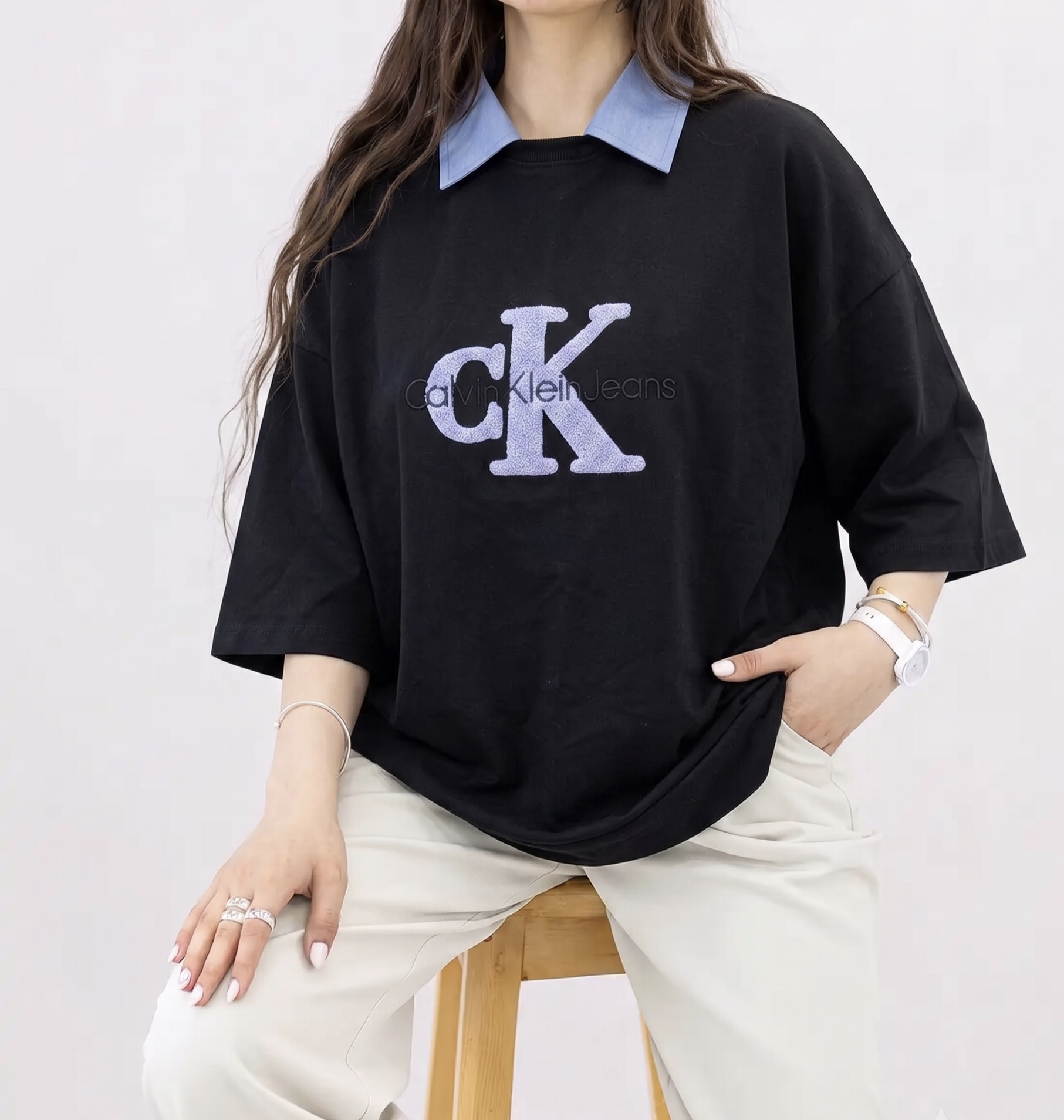 تیشرت یقه دار باکسی گلدوزی حوله ای Calvin Klein