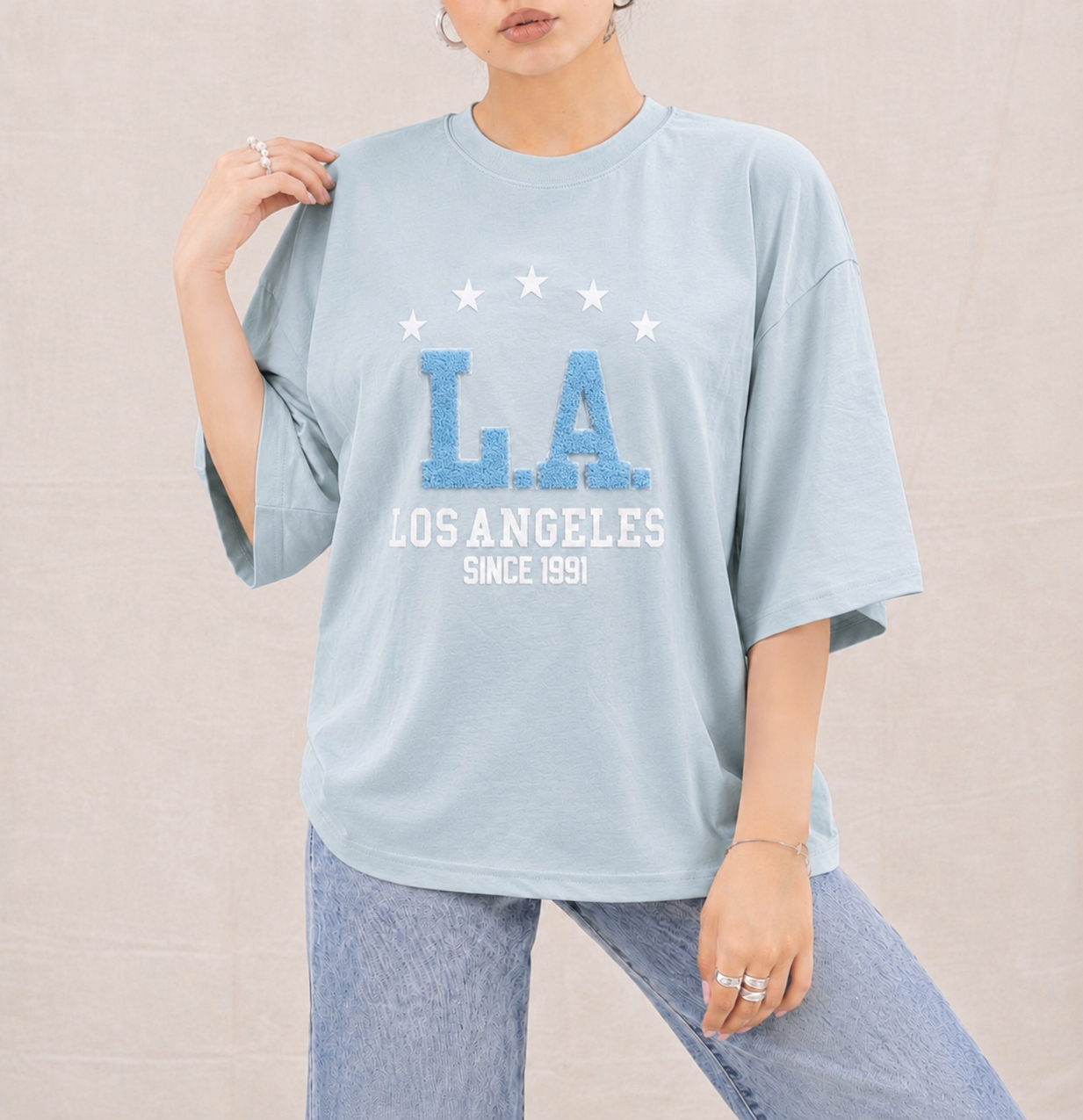 تیشرت باکسی پنبه گلدوزی حوله ای Los Angeles