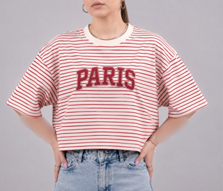 تیشرت کراپ پنبه راه راه گلدوزی Paris