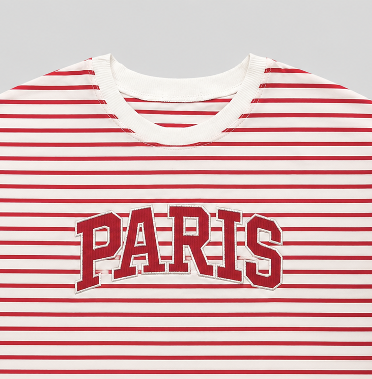 نمای 6 تیشرت کراپ پنبه راه راه گلدوزی Paris