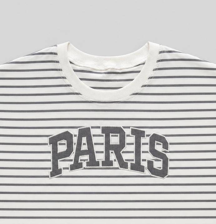 نمای 5 تیشرت کراپ پنبه راه راه گلدوزی Paris