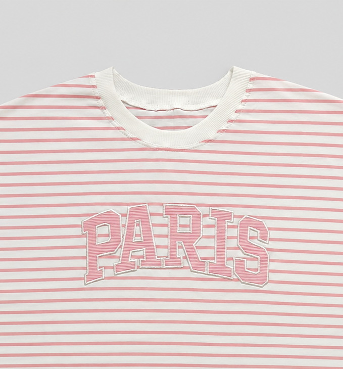 نمای 4 تیشرت کراپ پنبه راه راه گلدوزی Paris