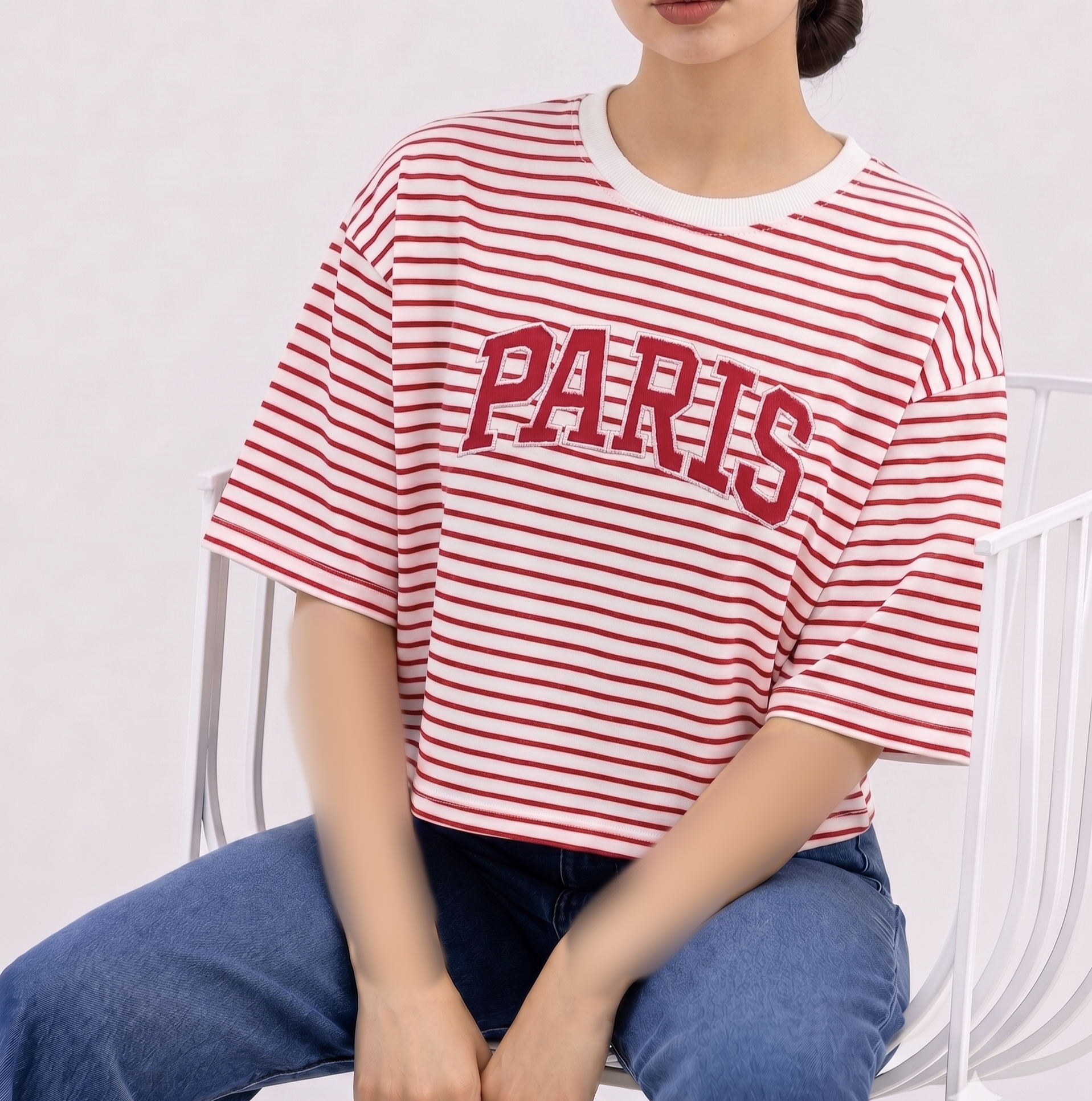 تیشرت کراپ پنبه راه راه گلدوزی Paris