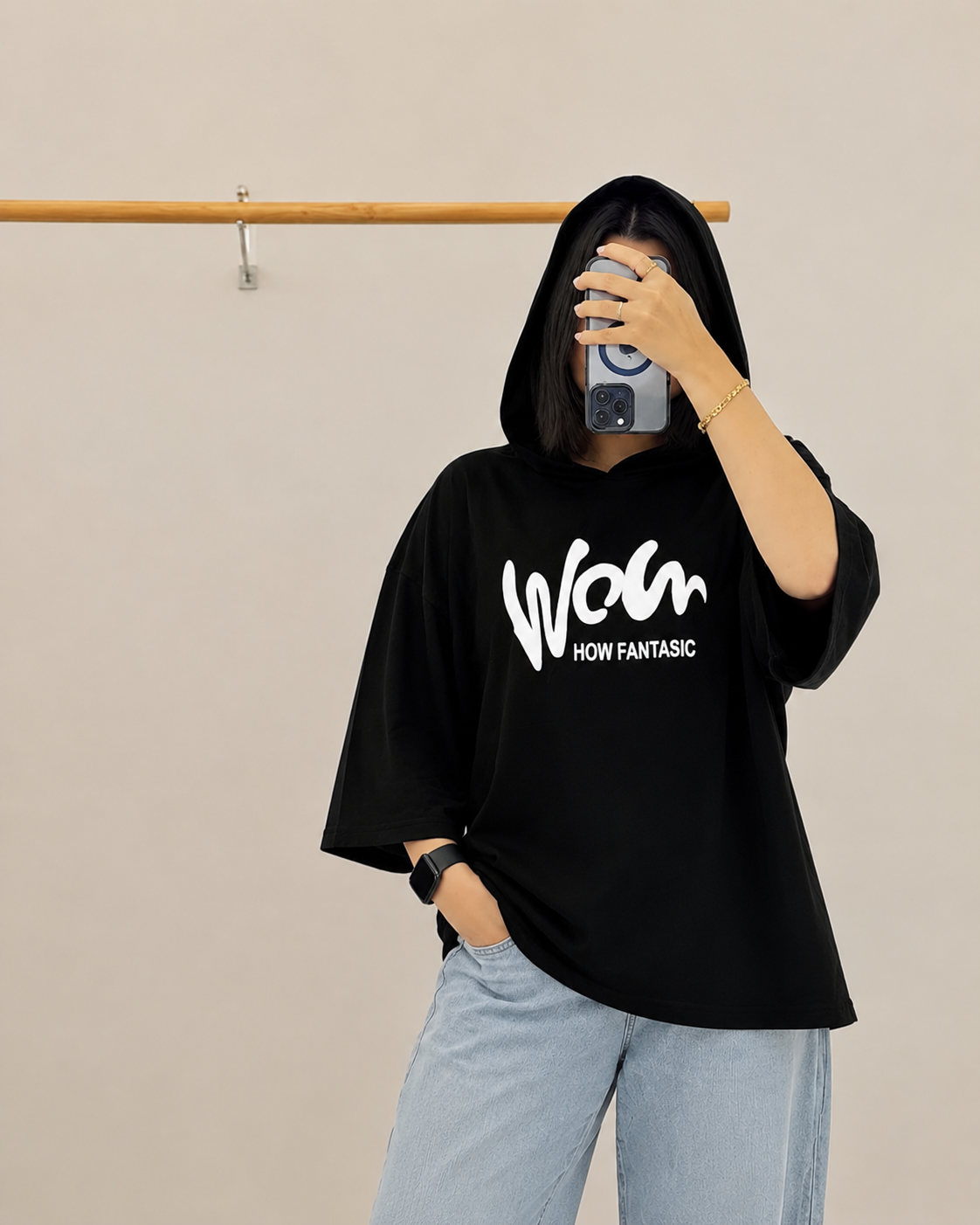 تیشرت کلاهدار باکسی سوپر پنبه چاپ پفکی Wow