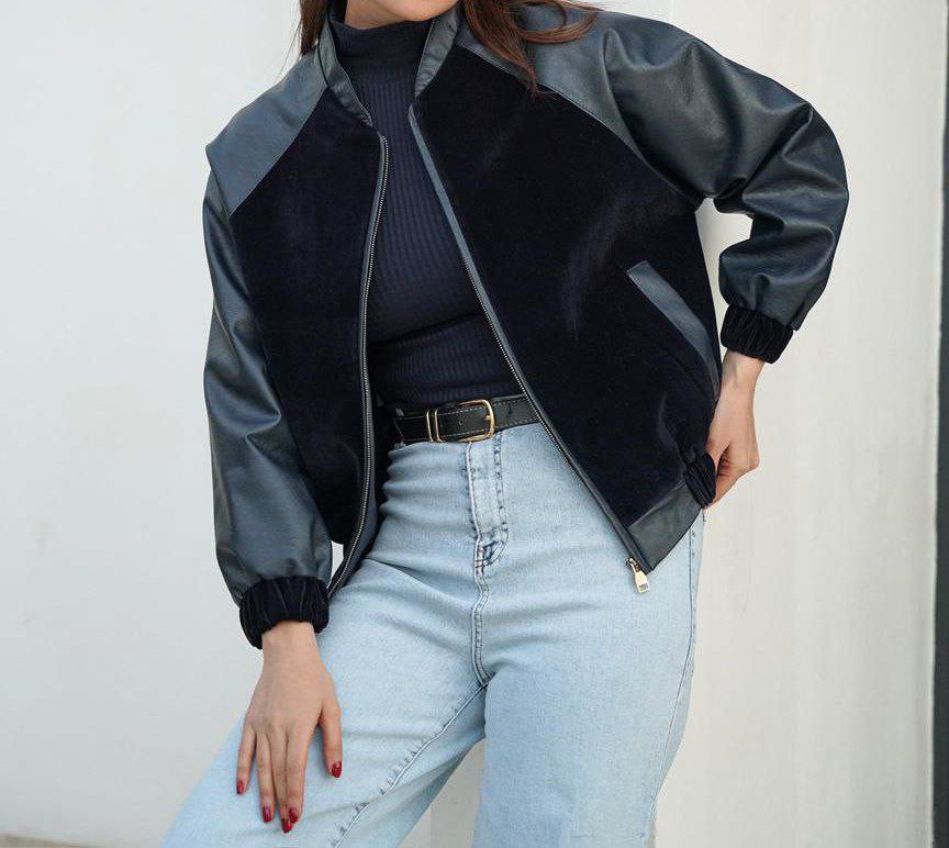 کت ترکیبی چرم ‌و جیر زنانه